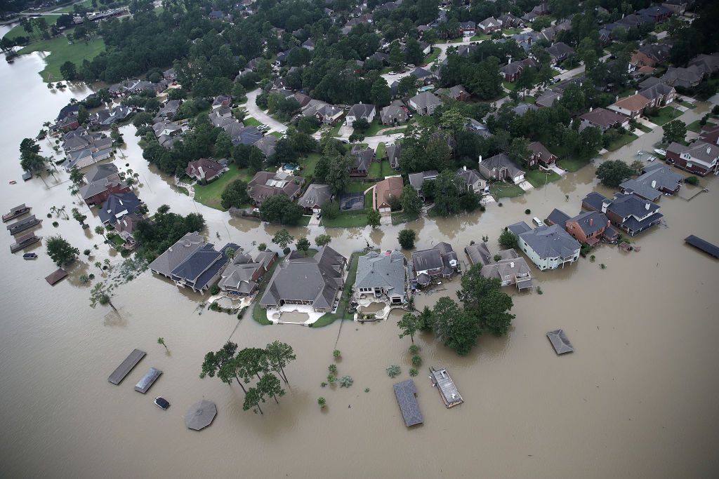 Flooded homes are shown near Lake Houston following Hurricane Harvey.<br>